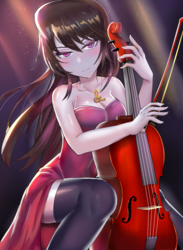 Size: 800x1091 | Tagged: safe, artist:tzc, octavia melody, human, equestria girls, g4, anime, beautiful, bedroom eyes, bow (instrument), breasts, cello, classy, cleavage, clothes, crepuscular rays, cutie mark accessory, cutie mark necklace, dress, featured image, female, jewelry, looking at you, musical instrument, necklace, pretty, sexy, sitting, socks, solo, thigh highs
