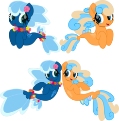 Size: 5000x5100 | Tagged: safe, artist:pilot231, oc, oc:sea foam ep, oc:shelly shores, seapony (g4), absurd resolution, dancing, female, flower on ear, friends, lei, mare, movie accurate, simple background, swimming, transparent background, vector