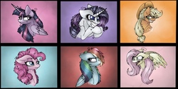 Size: 2048x1031 | Tagged: safe, artist:melonseed11, mean applejack, mean fluttershy, mean pinkie pie, mean rainbow dash, mean rarity, mean twilight sparkle, alicorn, pony, g4, the mean 6, bust, clone, clone six, portrait