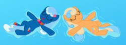 Size: 8000x2889 | Tagged: safe, artist:pilot231, oc, oc:sea foam ep, oc:shelly shores, female, floating, floating on the sea, friends, mare, ocean, on back, relaxing, vector
