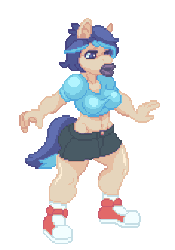 Size: 354x507 | Tagged: safe, artist:sesvanbrubles, oc, oc only, oc:monique, anthro, animated, anthro oc, big lips, bimbo, body control, clothes, converse, denim skirt, dick sucking lips, impossibly large lips, midriff, pixel art, shoes, short shirt, simple background, skirt, solo, transparent background, wat