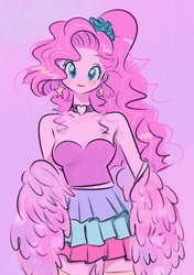 Size: 640x908 | Tagged: safe, artist:mmoriqomm, pinkie pie, human, g4, choker, clothes, female, humanized, pom pom, shoulderless, simple background, solo