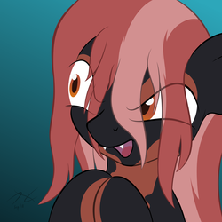 Size: 2600x2600 | Tagged: safe, artist:parallel black, oc, oc only, oc:mave, oc:mean mave, alp-luachra, original species, g4, the mean 6, badumsquish approved, bust, digital art, evil, female, frown, gradient background, grin, high res, meanified, messy mane, plotting, portrait, smiling, solo