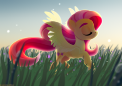 Size: 3508x2480 | Tagged: safe, artist:eiirine, fluttershy, pegasus, pony, g4, backlighting, eyes closed, female, grass, high res, mare, smiling, solo, spread wings, wings