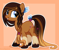Size: 5808x4914 | Tagged: safe, artist:dreamyeevee, oc, oc only, oc:autumn rain, earth pony, pony, abstract background, absurd resolution, blue eyes, brown coat, brown mane, brown tail, coat markings, feather, feather in hair, female, full body, gradient mane, gradient tail, lidded eyes, looking at you, mare, smiling, smiling at you, socks (coat markings), solo, standing, tail, tail wrap, unshorn fetlocks