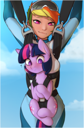Size: 1500x2270 | Tagged: dead source, safe, artist:captainpudgemuffin, rainbow dash, twilight sparkle, human, pony, g4, air ponyville, both cutie marks, clothes, cute, dashabetes, duo, fear, female, goggles, harness, holding a pony, humanized, mare, parachute, parachuting, smiling, tack, twiabetes