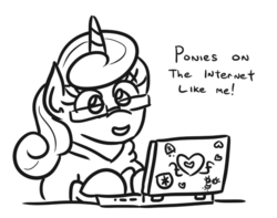 Size: 525x414 | Tagged: safe, artist:jargon scott, princess flurry heart, alicorn, pony, g4, black and white, computer, female, filly, glasses, grayscale, happy, laptop computer, monochrome, nerd, nerdy heart, older, smiling, solo