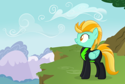 Size: 3859x2613 | Tagged: safe, artist:abb0002, lightning dust, pony, g4, the washouts (episode), cliff, clothes, cloud, high res, mountain, solo, uniform, washouts uniform