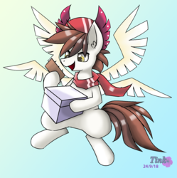 Size: 1562x1568 | Tagged: safe, artist:pencil bolt, oc, oc only, oc:prince aurora, pegasus, pony, box, clothes, four wings, hat, light, male, paper, scarf, smiling