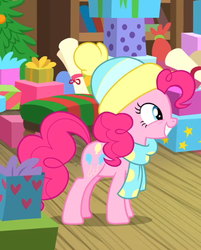Size: 543x675 | Tagged: safe, screencap, pinkie pie, earth pony, pony, g4, my little pony best gift ever, clothes, cropped, female, hat, mare, scarf, smiling, winter outfit