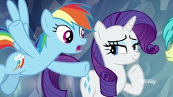 Size: 1920x1080 | Tagged: safe, screencap, rainbow dash, rarity, sandbar, pony, g4, what lies beneath, discovery family, discovery family logo, logo