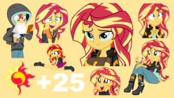 Size: 1024x576 | Tagged: safe, artist:keronianniroro, artist:mlpcreativelab, artist:sunshi, sunset shimmer, equestria girls, equestria girls specials, g4, monday blues, my little pony equestria girls: better together, my little pony equestria girls: forgotten friendship, my little pony equestria girls: friendship games, my little pony equestria girls: summertime shorts, pet project, cellphone, clothes, cup, cute, cutie mark, food, geode of empathy, hoodie, mouth hold, open mouth, paper bag, phone, sandwich, shimmerbetes, sitting, smartphone, smiling, sticker set, telegram sticker