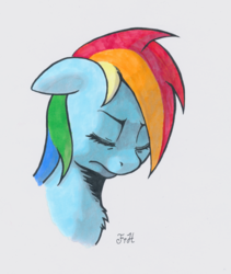 Size: 1131x1341 | Tagged: safe, artist:friendshipishorses, rainbow dash, pony, g4, bust, eyes closed, female, looking down, mare, sad, signature, simple background, white background