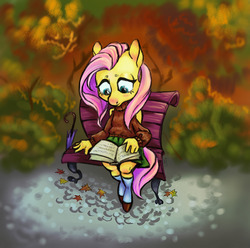 Size: 1280x1269 | Tagged: safe, artist:skrapbox, fluttershy, anthro, unguligrade anthro, g4, autumn, bench, book, clothes, female, outdoors, skirt, socks, solo, sweater, sweatershy