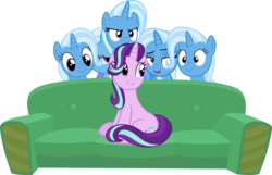 Size: 4041x2605 | Tagged: safe, artist:pink1ejack, edit, starlight glimmer, trixie, pony, unicorn, g4, couch, female, furniture, high res, looking at you, looking down, mare, meme, multeity, piper perri surrounded, simple background, transparent background, trixie army, vector