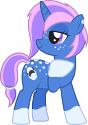 Size: 1912x2726 | Tagged: safe, artist:lightning stripe, derpibooru exclusive, oc, oc only, oc:everstar, pony, unicorn, g4, blue, blue coat, coat markings, cutie mark, dappled, eyelashes, female, freckles, hair over one eye, horn, mare, purple eyes, purple hair, purple mane, show accurate, simple background, socks (coat markings), solo, transparent background