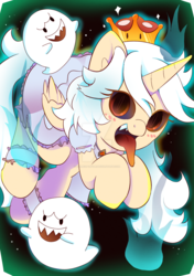 Size: 1024x1453 | Tagged: safe, artist:kumikoponylk, ghost, pony, undead, unicorn, antagonist, boo (super mario), booette, bowsette, clothes, crown, dress, evil, evil grin, female, grin, jewelry, king boo, mare, new super mario bros. u deluxe, nintendo direct, open mouth, ponified, princess boo, regalia, sharp teeth, slit pupils, smiling, super crown, teeth, toadette, tongue out, villainess