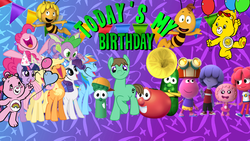 Size: 1366x768 | Tagged: artist needed, safe, edit, applejack, fluttershy, pinkie pie, rainbow dash, rarity, spike, twilight sparkle, dragon, g4, andrea libman, birthday, bob the tomato, care bears, care bears adventures of care a lot, cheer bear, funshine bear, happy birthday, jelly jamm, junior asparagus, larry the cucumber, mane six, maya the bee, obvious troll, op is trying to start shit so badly that it's kinda funny, tabitha st. germain, veggietales, voice actor joke, wat, winged spike, wings