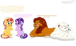 Size: 3020x1808 | Tagged: safe, artist:megaanimationfan, starlight glimmer, sunset shimmer, big cat, lion, pony, unicorn, g4, aged like wine, angry, annoyed, confused, crossover, disney, forelegs crossed, hilarious in hindsight, jungle emperor leo, kimba, kimba the white lion, meta, signature, simba, simple background, the lion king, transparent background