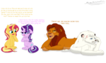 Size: 3020x1808 | Tagged: safe, artist:megaanimationfan, starlight glimmer, sunset shimmer, big cat, lion, pony, unicorn, angry, annoyed, confused, crossover, disney, forelegs crossed, jungle emperor leo, kimba, kimba the white lion, meta, signature, simba, simple background, the lion king, transparent background