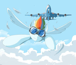 Size: 1300x1100 | Tagged: safe, artist:vinilyart, rainbow dash, pegasus, pony, g4, boeing 747, cloud, feather, female, flying, goggles, looking at you, mare, plane, race, sky, solo, spread wings, wings