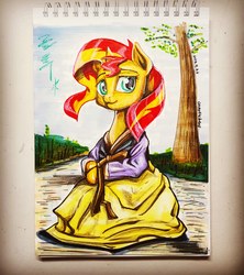 Size: 2966x3340 | Tagged: safe, artist:cosmotic1214, sunset shimmer, pony, unicorn, g4, chuseok, clothes, cute, female, hanbok, high res, korea, korean, mare, marker drawing, traditional art, traditional clothing