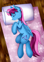 Size: 3507x4960 | Tagged: safe, artist:mangothepony, oc, oc only, oc:parcly taxel, alicorn, pony, alicorn oc, bed, female, horn, horn ring, mare, pillow, sleeping, solo, ych result