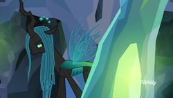 Size: 1920x1080 | Tagged: safe, screencap, ocellus, queen chrysalis, changeling, changeling queen, g4, what lies beneath, discovery family, discovery family logo, disguise, disguised changeling, female, logo, queen chrysellus, side view, solo