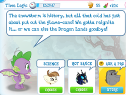 Size: 1128x857 | Tagged: safe, gameloft, bulk biceps, featherweight, spike, changeling, dragon, pegasus, pony, g4, changeling guard, dialogue, funny, speech bubble, wat, winged spike, wings