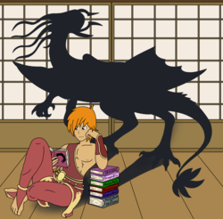 Size: 1546x1524 | Tagged: safe, artist:linedraweer, oc, oc:von, dragon, human, book, clothes, commission, dojo, feet, horns, humanized, imagination, lying, male, mythology, reading