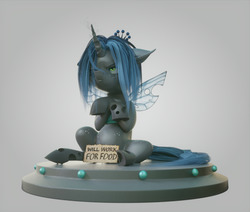 Size: 960x814 | Tagged: safe, artist:v747, queen chrysalis, changeling, changeling queen, nymph, pony, g4, 3d, angry, crossed arms, cute, cutealis, female, filly, filly queen chrysalis, foal, gradient background, grumpy, madorable, sitting, solo, text, will x for y, younger
