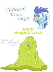 Size: 1421x1914 | Tagged: safe, artist:pzkratzer, princess ember, thorax, dragon, goo, goo pony, original species, g4, cute, disguise, disguised changeling, dragoness, duo, female, hug, interspecies, male, open mouth, ship:embrax, shipping, simple background, slime, species swap, straight, white background, wtf