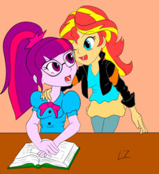 Size: 1280x1405 | Tagged: safe, alternate version, artist:lockezero, sci-twi, sunset shimmer, twilight sparkle, equestria girls, g4, colored, cute, female, flat colors, lesbian, needs more saturation, one eye closed, ponytail, shimmerbetes, ship:sci-twishimmer, ship:sunsetsparkle, shipping, twiabetes, wink