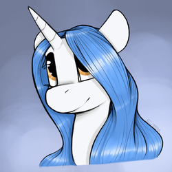 Size: 590x590 | Tagged: safe, artist:sinrar, oc, oc only, oc:isolated incident, pony, unicorn, bust, commission, hair over one eye, portrait, simple background, smiling, solo