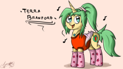 Size: 3264x1836 | Tagged: safe, artist:zsparkonequus, pony, unicorn, clothes, female, final fantasy, final fantasy vi, happy, jewelry, mare, necklace, ponified, ponytail, signature, simple background, singing, socks, solo, terra branford