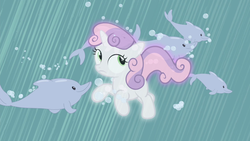 Size: 1280x720 | Tagged: safe, screencap, sweetie belle, dolphin, pony, unicorn, for whom the sweetie belle toils, g4, bubble, dream, female, filly, foal, underwater