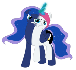 Size: 3000x2772 | Tagged: safe, artist:mlpconjoinment, princess luna, oc, oc:vocal love, alicorn, pony, unicorn, g4, angry, body horror, butt, conjoined, conjoined by horn, dem feels, high res, horn, multiple heads, plot, simple background, size difference, this will end in jail time, this will end in pain, transparent background, two heads, wat