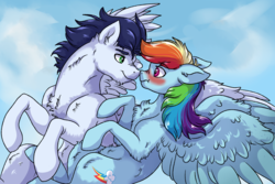 Size: 3000x2000 | Tagged: safe, artist:marbola, rainbow dash, soarin', pegasus, pony, g4, backwards cutie mark, blushing, boop, chest fluff, cloud, ear fluff, female, floppy ears, fluffy, flying, high res, male, mare, nose wrinkle, noseboop, scrunchy face, ship:soarindash, shipping, smiling, spread wings, stallion, straight, wings
