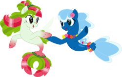 Size: 5000x3168 | Tagged: safe, artist:pilot231, oc, oc:sea foam ep, oc:watermelana, seapony (g4), g4, dancing, flower on ear, freckles, friends, gradient hooves, highlights, lei, movie accurate, simple background, swimming, transparent background