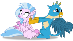 Size: 3273x1856 | Tagged: safe, artist:frownfactory, gallus, silverstream, classical hippogriff, griffon, hippogriff, g4, what lies beneath, .svg available, do not want, duo, female, jewelry, male, necklace, ship:gallstream, shipping, shipping denied, simple background, sitting, straight, surprised, svg, transparent background, vector, wings