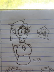 Size: 2576x1932 | Tagged: safe, artist:drheartdoodles, oc, oc:fiend herd, human, arm behind back, artist, boob window, breasts, cleavage, cute, ear piercing, earring, elf ears, female, grayscale, humanized, jewelry, lined paper, monochrome, offscreen character, piercing, rule 63, smiling, solo, traditional art, waist up