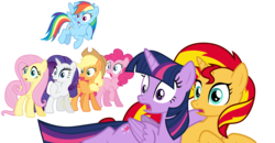 Size: 6000x3129 | Tagged: safe, artist:pilot231, applejack, fluttershy, pinkie pie, rainbow dash, rarity, sunset shimmer, twilight sparkle, alicorn, earth pony, pegasus, pony, unicorn, equestria girls, g4, my little pony equestria girls, female, flying, horn, lying down, mane six, mare, open mouth, raised hoof, shocked, simple background, surprised, transparent background, twilight sparkle (alicorn), vector, wings