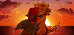 Size: 3150x1509 | Tagged: safe, artist:pridark, oc, oc only, oc:arian blaze, oc:vital sparkle, earth pony, pegasus, pony, cloud, commission, female, holding, kissing, lesbian, scenery, sun, sunset