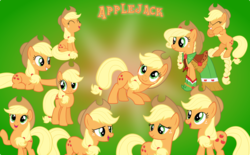 Size: 5000x3090 | Tagged: safe, artist:pilot231, applejack, earth pony, pony, g4, clothes, collection, cute, dress, female, gala dress, gradient background, laughing, lying down, mare, sitting, smiling, vector