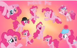 Size: 5000x3121 | Tagged: safe, artist:pilot231, pinkie pie, crystal pony, earth pony, pony, g4, bowler hat, cartwheel, collection, cute, diapinkes, female, gradient background, happy, hat, hopping, joy, mare, shrug, vector