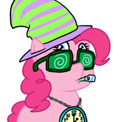 Size: 800x800 | Tagged: safe, artist:bennimarru, pinkie pie, earth pony, pony, g4, chains, clock, female, flat colors, glasses, hat, jewelry, necklace, party hat, party horn, simple background, solo, swirly glasses, transparent background