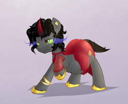 Size: 1476x1204 | Tagged: safe, artist:sapsan, king sombra, pony, unicorn, g4, clothes, crossdressing, curved horn, dress, ear piercing, earring, hoof shoes, horn, jewelry, lipstick, male, male pregnancy, piercing, pregnant, simple background, solo, sombra eyes