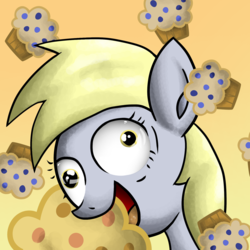 Size: 1600x1600 | Tagged: safe, artist:zsparkonequus, derpy hooves, pegasus, pony, g4, derp, female, food, mare, muffin, solo