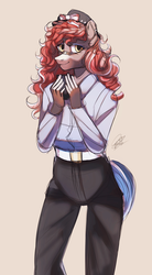 Size: 1800x3250 | Tagged: safe, artist:orfartina, oc, oc only, oc:pepper lark, anthro, anthro oc, bandage, belt, bow, clothes, coffee, commission, digital art, eyeshadow, female, hair bow, hat, high res, jeans, looking at you, makeup, mare, mascara, pants, shirt, smiling, solo, ych result