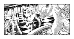Size: 2550x1350 | Tagged: safe, artist:halley-valentine, oc, oc only, oc:homage, oc:littlepip, alicorn, pony, unicorn, fallout equestria, fallout equestria illustrated, black and white, butt, clothes, cutie mark, ear fluff, fanfic, fanfic art, female, fountain, grayscale, hooves, horn, jumpsuit, manehattan, mare, monochrome, pipbuck, plot, raised hoof, statue, tenpony tower, vault suit, wings